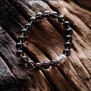 Vòng tay thạch anh khói đen (Smoky quartz) Siver charm đầu phật